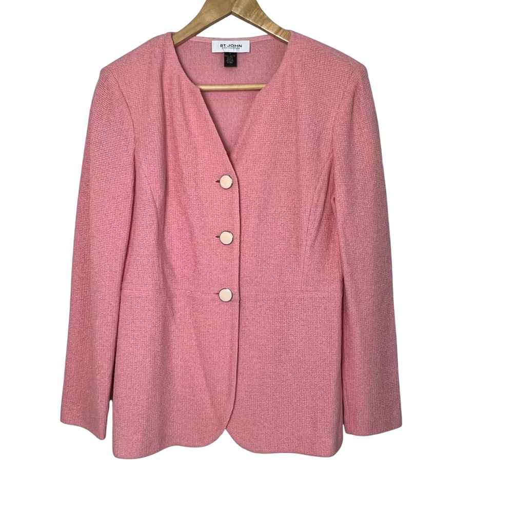 St John Collection Pink Santana Knit Blazer Jacket Wool Blend Size 8 V-Neck